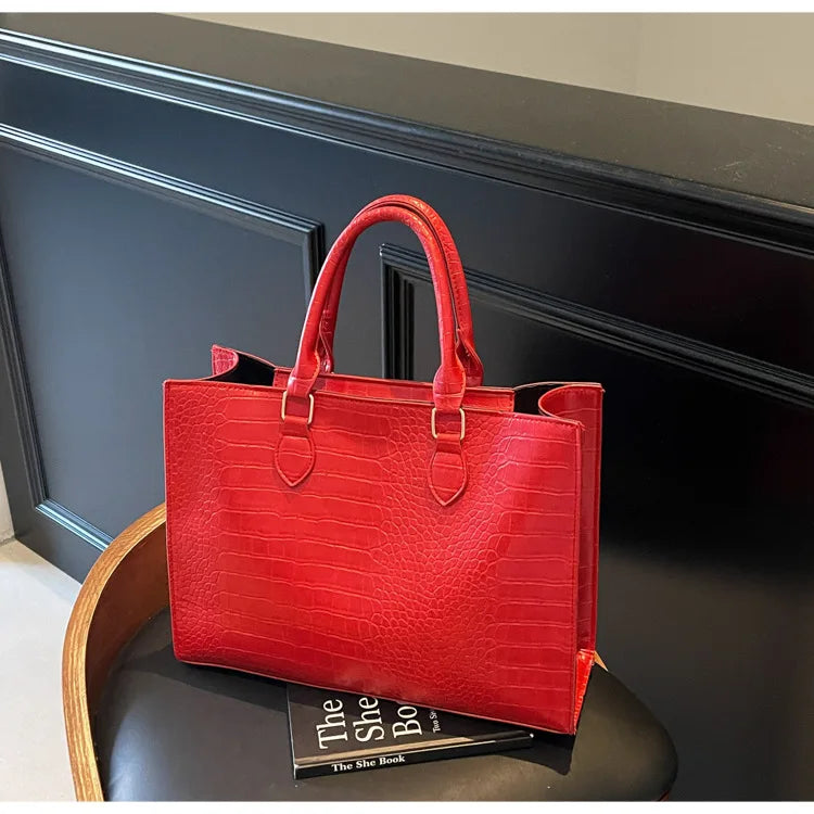Spring 2025 Large Capacity Fashionable Handbag Casual Commuting Trendy Crocodile Pattern Tote Bag Street Style PU Material
