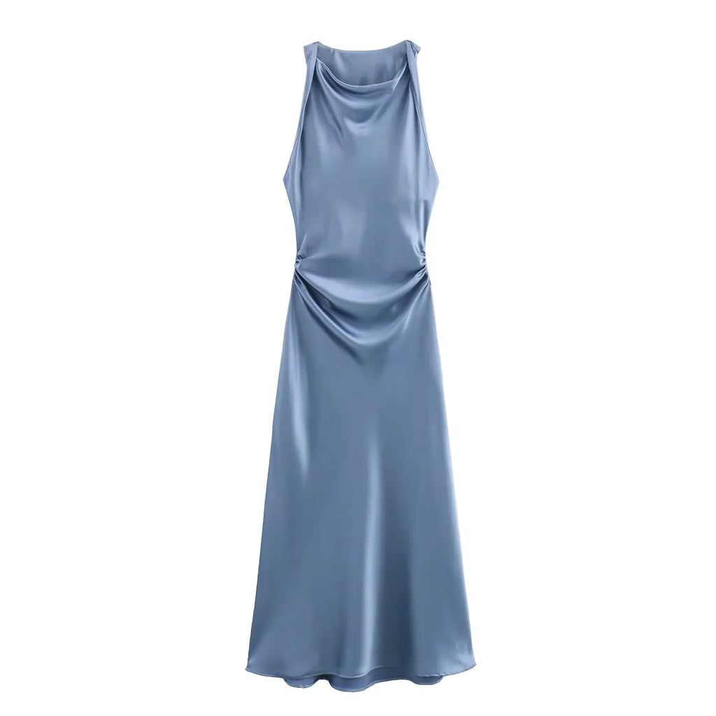 Satin Halter Midi Dress | Sleeveless Evening Party Dress
