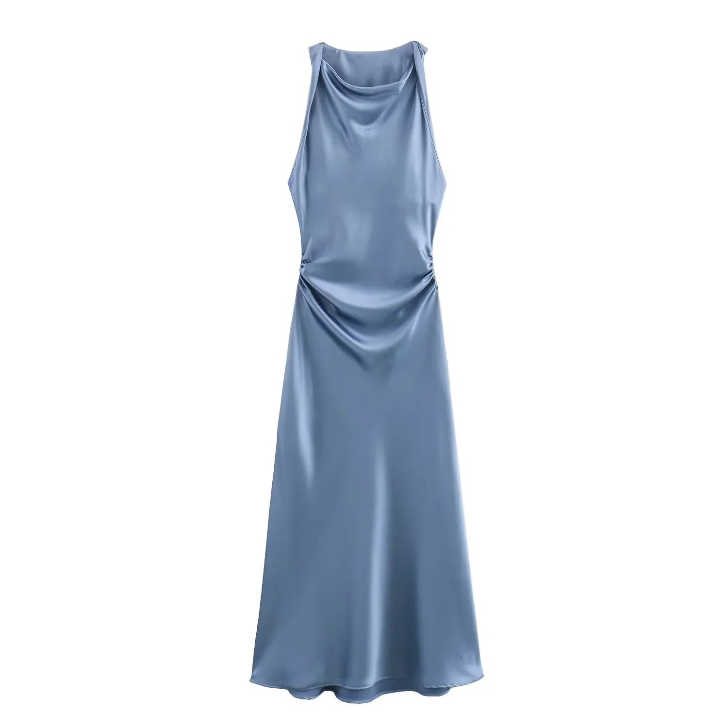 Satin Halter Midi Dress | Sleeveless Evening Party Dress
