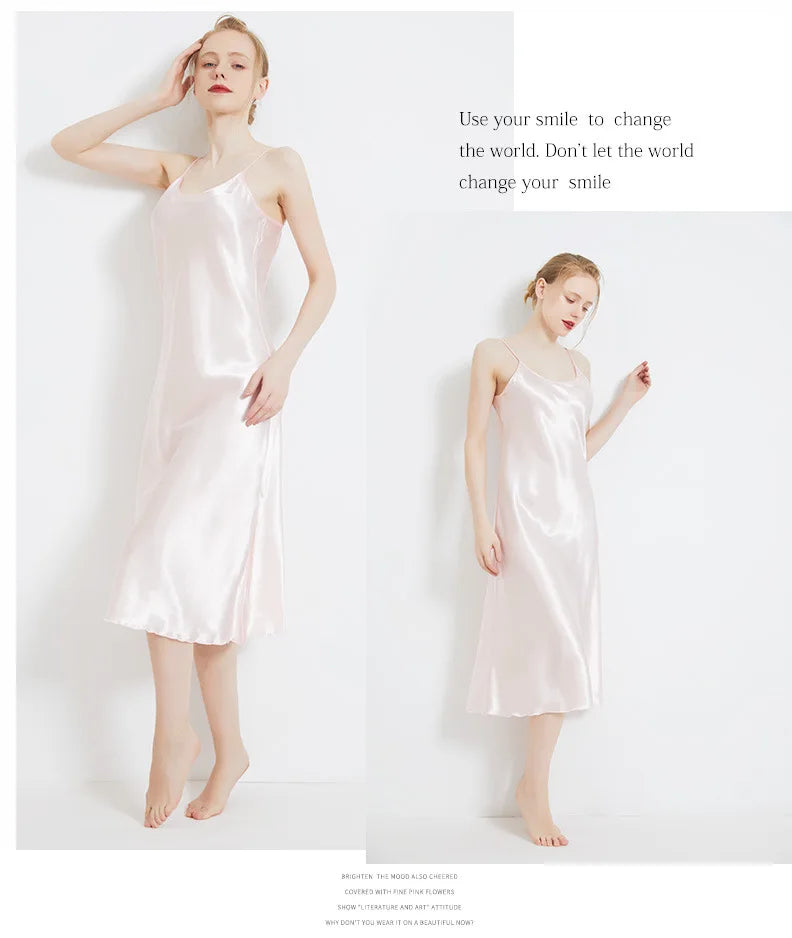Summer Women Solid Plus Size Ice Silk Sexy Long Spaghetti Strap Nightgown Side Slit Close Fitting Sleep Dress Lingerie Sleepwear