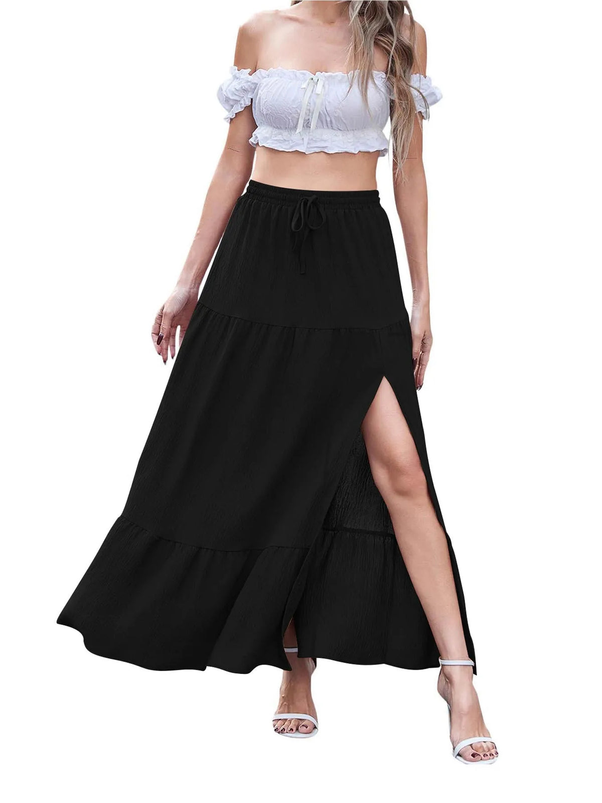 Women's Boho Summer Elegant High Waist Side Slit A Line Skirt with Drawstring Elastic Waist Solid Color Casual Maxi Dress