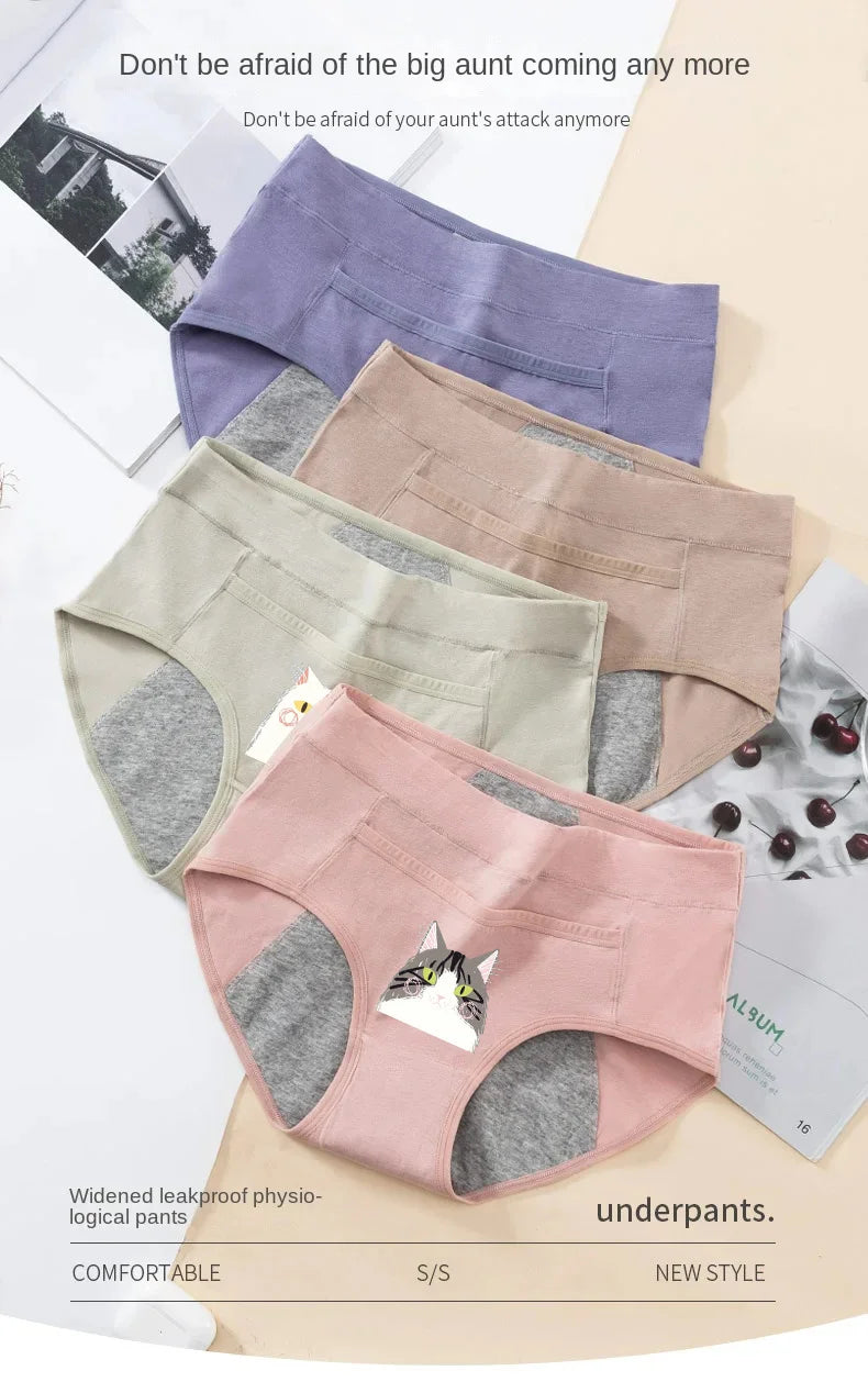 Cotton Menstrual Panties Leak Proof Breathable Cartoon cat Panties Woman Women Girls Physiological Pants Women's Intimates M-XL