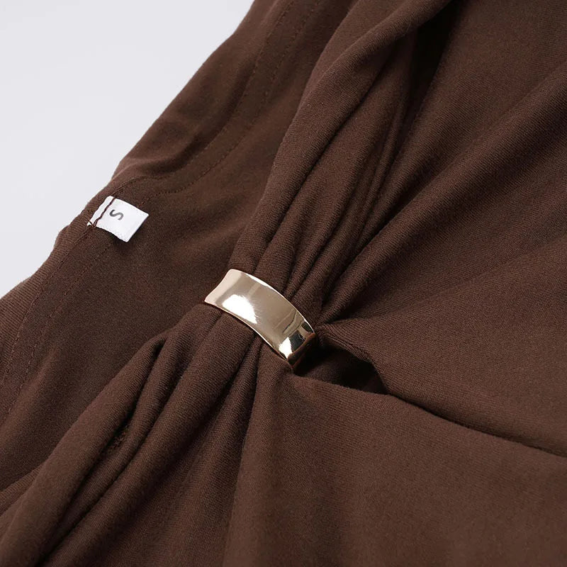 Sexy Off-the-shoulder Pleated V-neck T-shirt Women's Slim-fit Solid-color Top with Metal Buttons