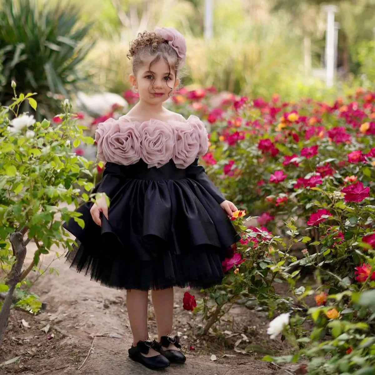 Dreamy Vow D134 Elegant Black Off Shoulder Baby Girl Dress with 3D Flowers Birthday Party Knee-Length Long Sleeve Prom Dress