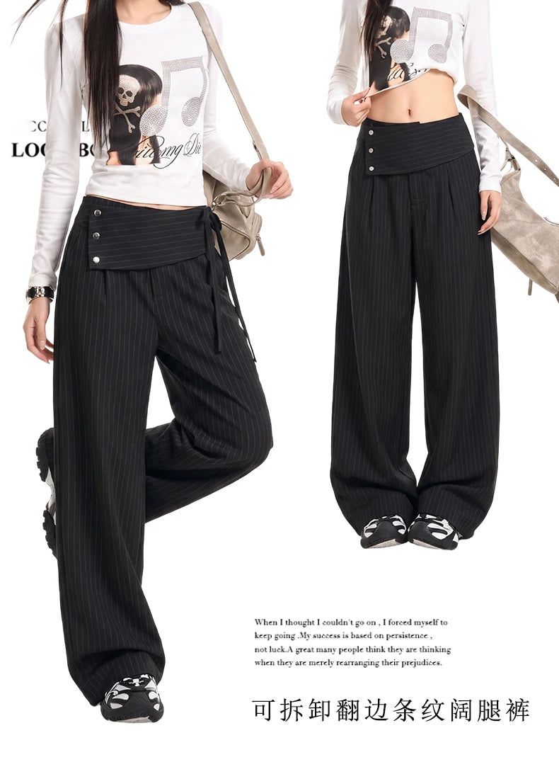 Detachable Skirt Panel Striped Suit Pants Women Turn Up Cuff Tie Waist Straight Wide Leg Trousers Loose Casual Streetwear Pants