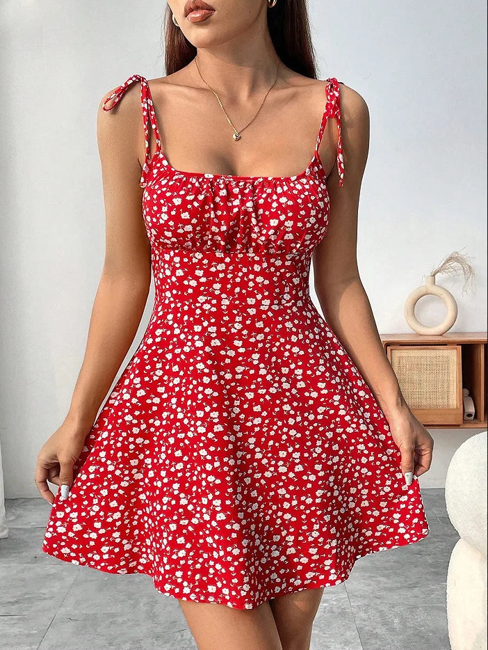 Women Sleeveless Cami Dress Floral Printed Tie Strap Square Neck Ruched Flowy Short Dress for Beach Vacation