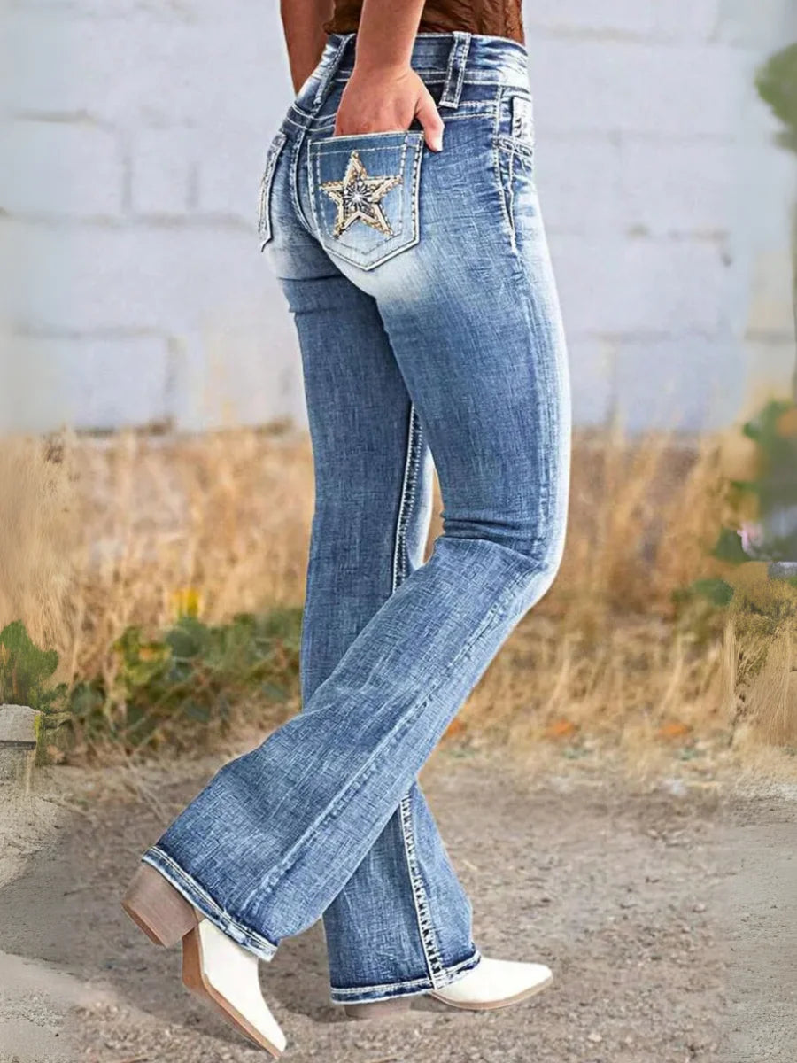 HME Women's Vintage Light-Wash Flare Jeans - Star Pockets Mid-Rise