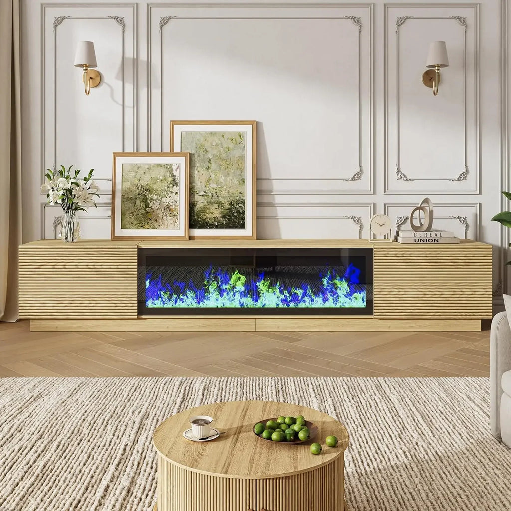 94.5" Natural Fireplace Tv Stand with 47 inch Electronic Fireplace, Unheated Entertainment Center with 5 Flame Brightness and 12