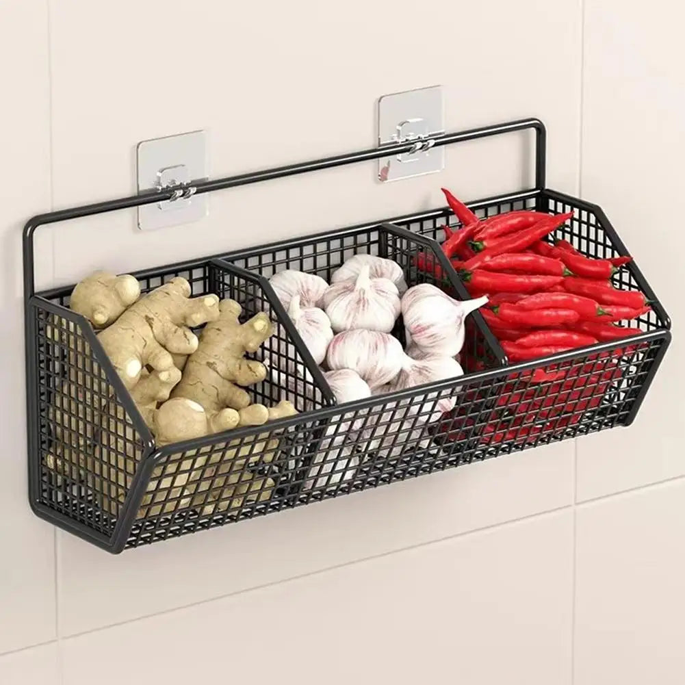 Wall-Mounted Kitchen Storage Basket - Perforation-Free Iron Rack Black