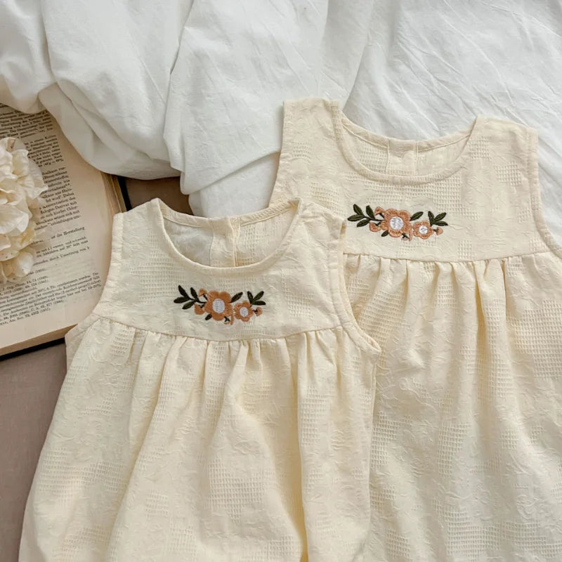 Girls Birthday Party Sisters Outfits Summer Green Apricot Floral Embroidery Sleeveless Bodysuit Vest Dress Baby Clothes H037