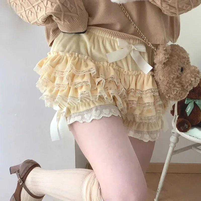 Autumn Winter Warm Lolita Safety Short Pants Women Sweet Chic Plush Bloomers Japanese Y2k Lace Bow Knickers Harajuku Cute Shorts