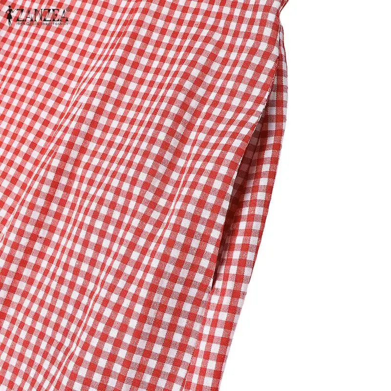 ZANZEA Vintage Gingham Knee-Length Dress Woman Suqare Neck Puff Sleeves Ruffled Hem Dresses Summer Casual Daily Wear Vestidos