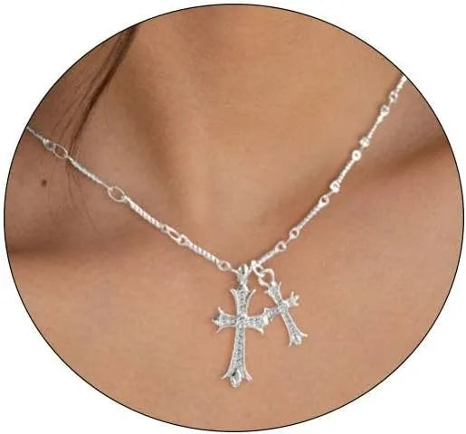 Collar con cruz chapado en oro K, colgante de doble cruz con acento de diamante para mujer, elegante regalo religioso
