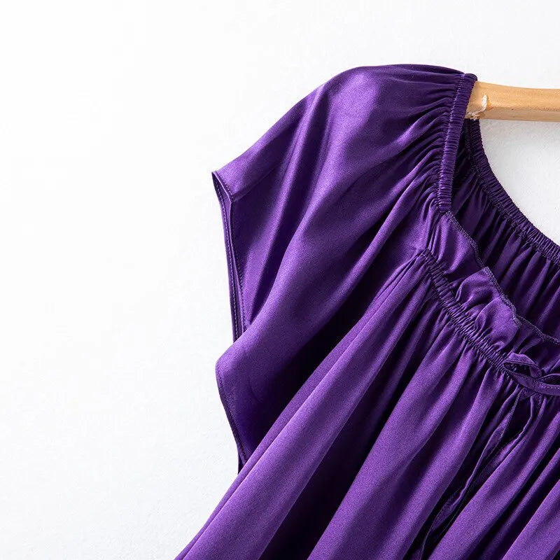 Loose 100%Silk Short Sleeve Nightgown, Summer Medium-long Satin Sleepwear Woman