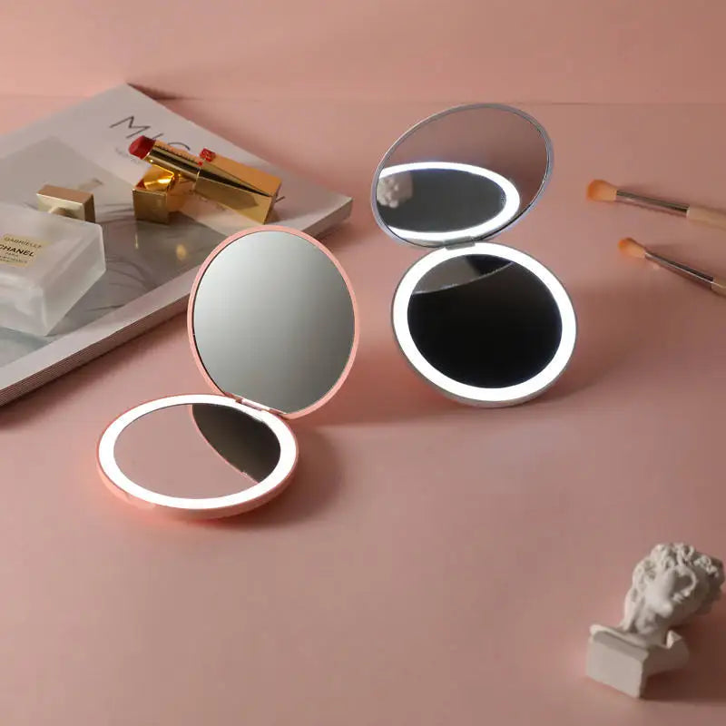 Mini LED Luminous Makeup Mirror Personalized Small LED Light USB Cosmetic 2 Side Folding Makeup Compact Pocket Mirror
