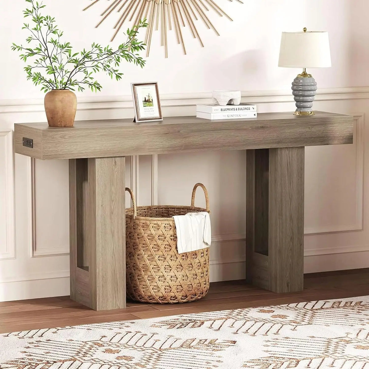 63" Console Table with Power Outlet, Rustic Brown Wooden Sofa Table