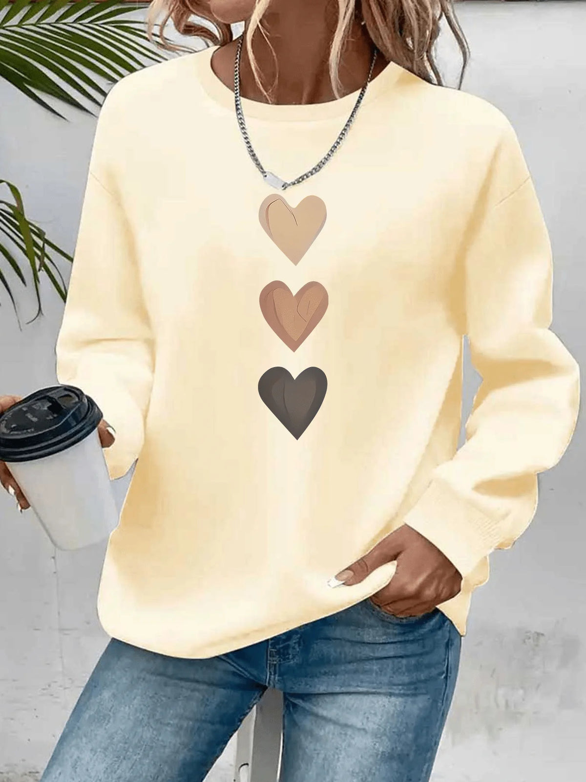 Women's Casual Heart Print Pullover Sweatshirt - Long Sleeve Knit