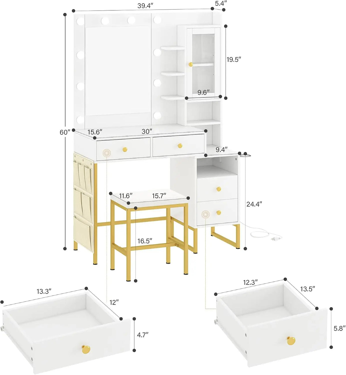 Women White Vanity Table with Drawer Dresser LED Mirror
