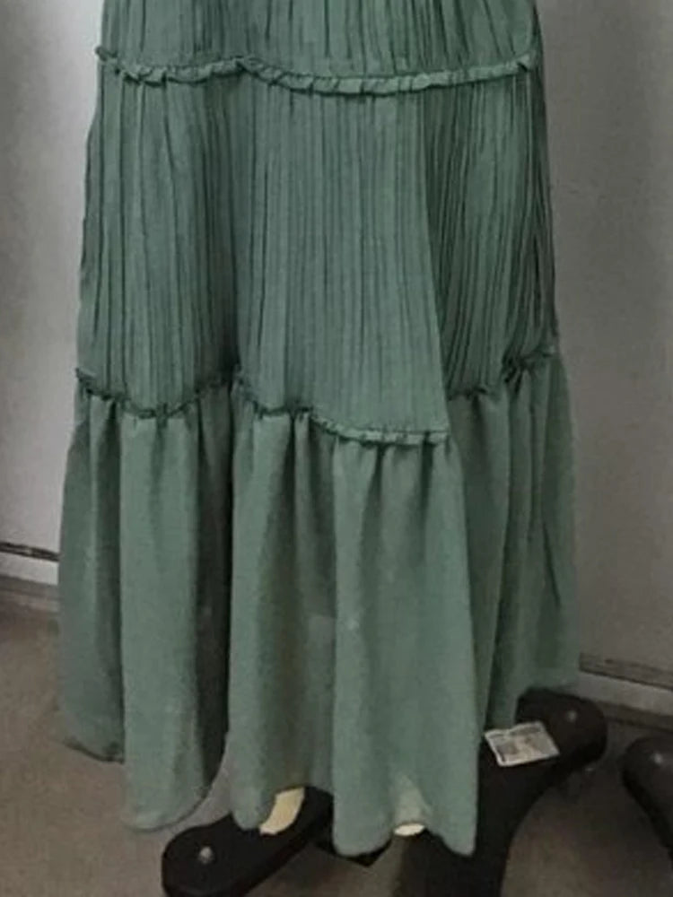 Retro Tiered Maxi Dress Deep V Sleeveless Ruffled Chiffon Flowy Long Dress Women Bohemian Pleated Split Hem Casual Dress