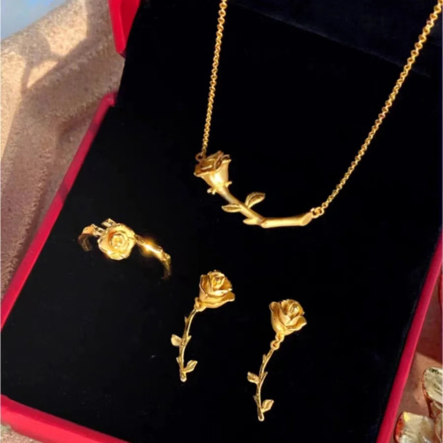 Fashionable Rose Gold Earrings Necklace Set Women's Style Vietnamese Sand Gold Rose Flower Jewelry Copper Plated Geometric Shape