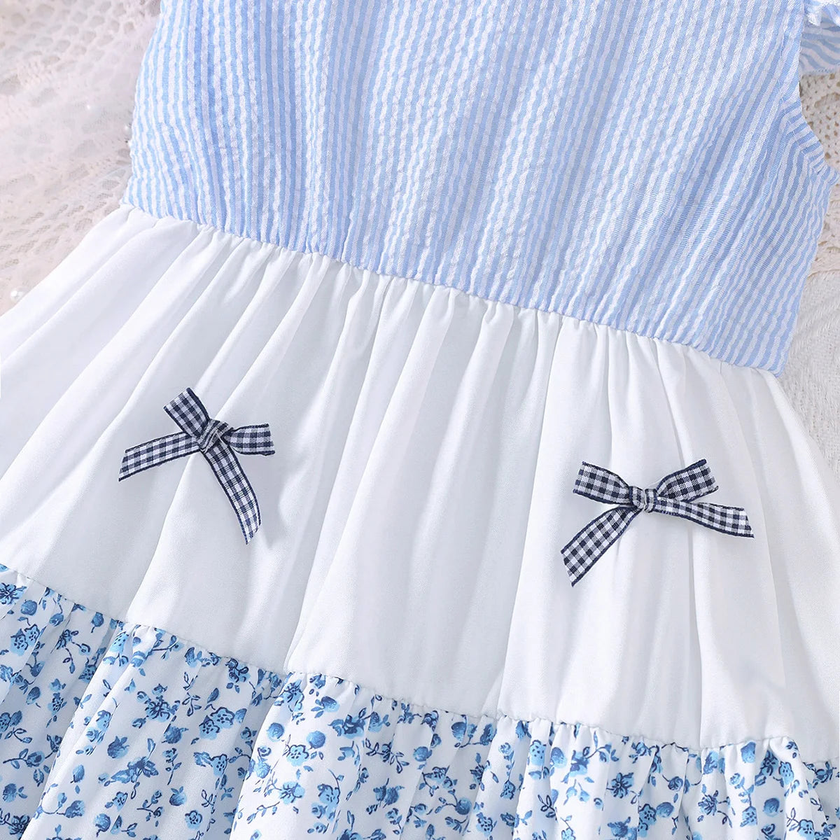 2Pcs/Set Summer Girls' Dress with Striped Small Floral Patchwork Design Dress+Mini Bag Set, Fashion Dress for Girls 2-7 Years