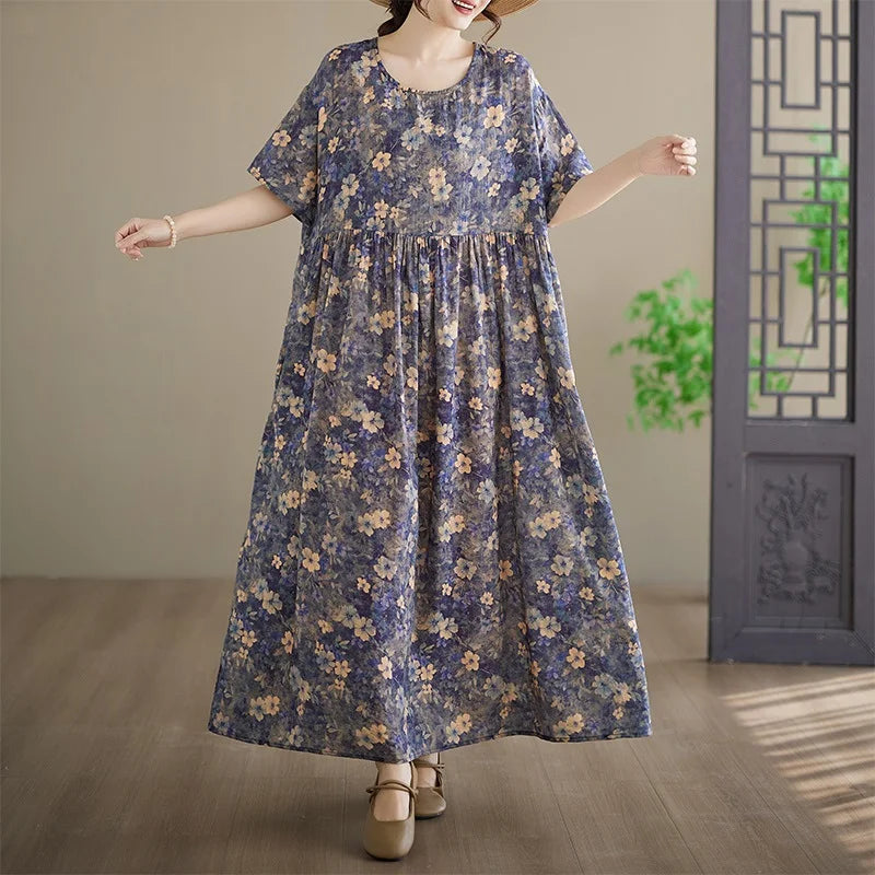 Anteef Women's Vintage Floral Cotton Maxi Dress - Short Sleeve Loose