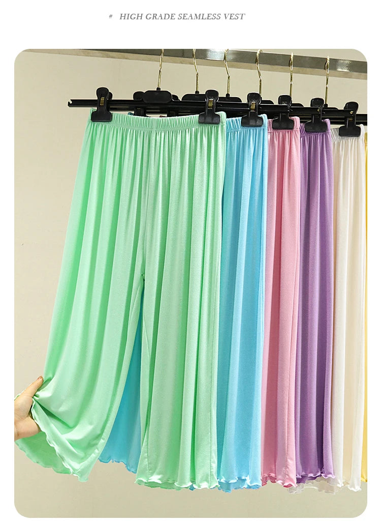 Modal Ice Silk Wide Leg Pants Women's Summer Thin Sleepwear Large Size Casual High Waist Straight Cut Shorts Lengthened Pants