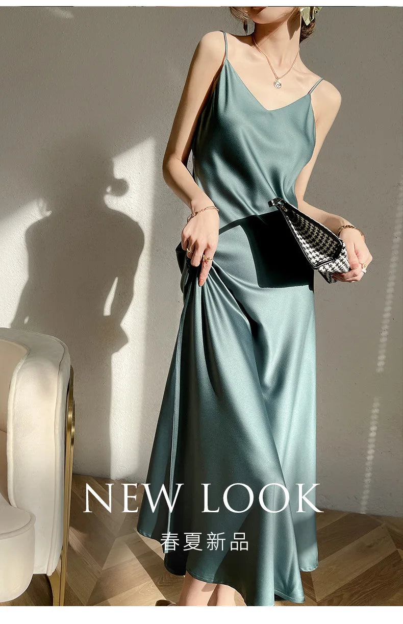 Sexy Solid Color Camisole Nightgown for Women Midi Length Sleeveless Slip Dress Inner Layer Base Dress Home Sleepwear Nightwear