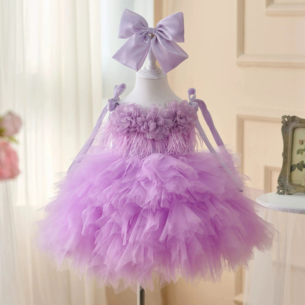 Kids Mesh Party Dress Tutu Elegant Princess Dress Baby Girls Flower Tassel One Year Old Puff Dress Children Costume For A Girl
