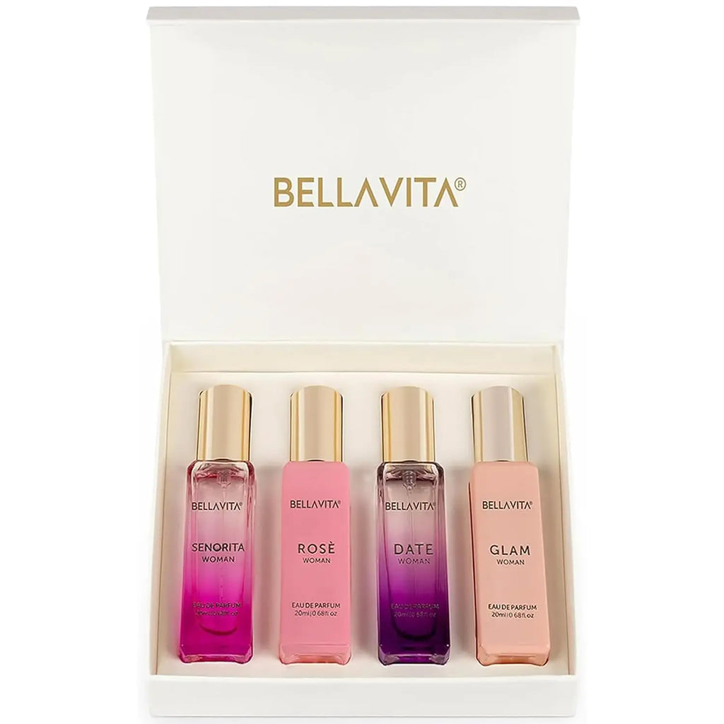Bellavita Luxury Women's Perfume Gift Set with Rose, Senorita, Date, and Glam | 80ml | Perfume for Women | Pink Pepper, Yuzu and Floral Peach | Long Lasting Fragrance | Mother's Day Present