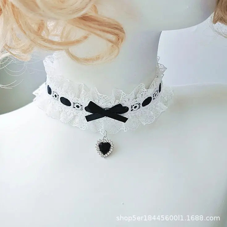 Lace Bow Necklace With Heart Gem Charm For Lolita Cosplay And Wedding Jewelry Collection