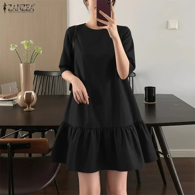 ZANZEA Women's Casual Ruffled Hem Dress O-Neck Half Sleeve A-Line Dress 2026 Summer Daily Solid Color Loose Robes Femme