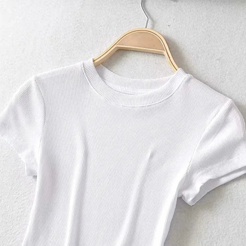 Summer Sexy Women O-neck Short-sleeve T-shirt Slim Elastic Skinny Crop Tops