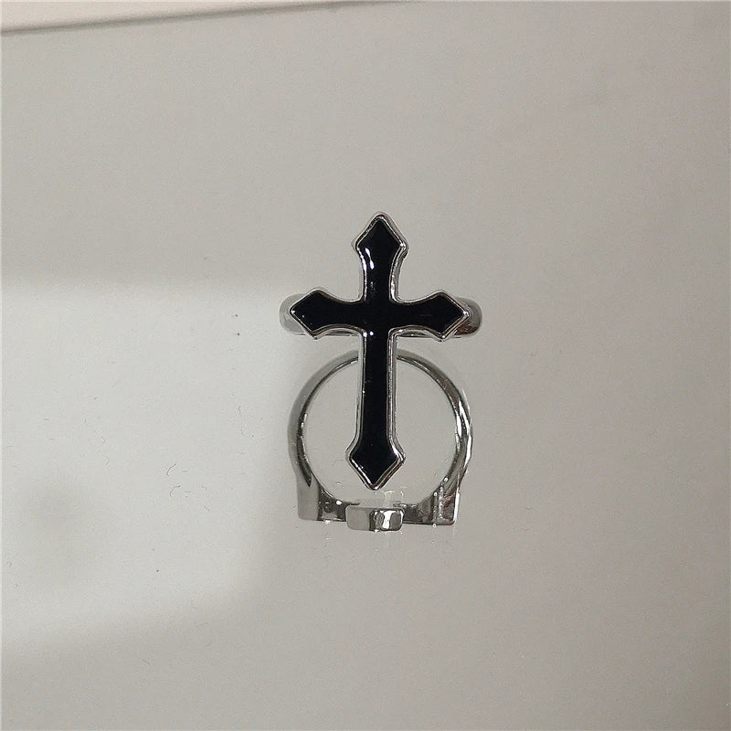 Punk Harajuku Goth Thorns Black Silver Color Irregular Heart Cross Open Ring For Women'S Men Lover Vintage 90S Y2K Grunge Jewely