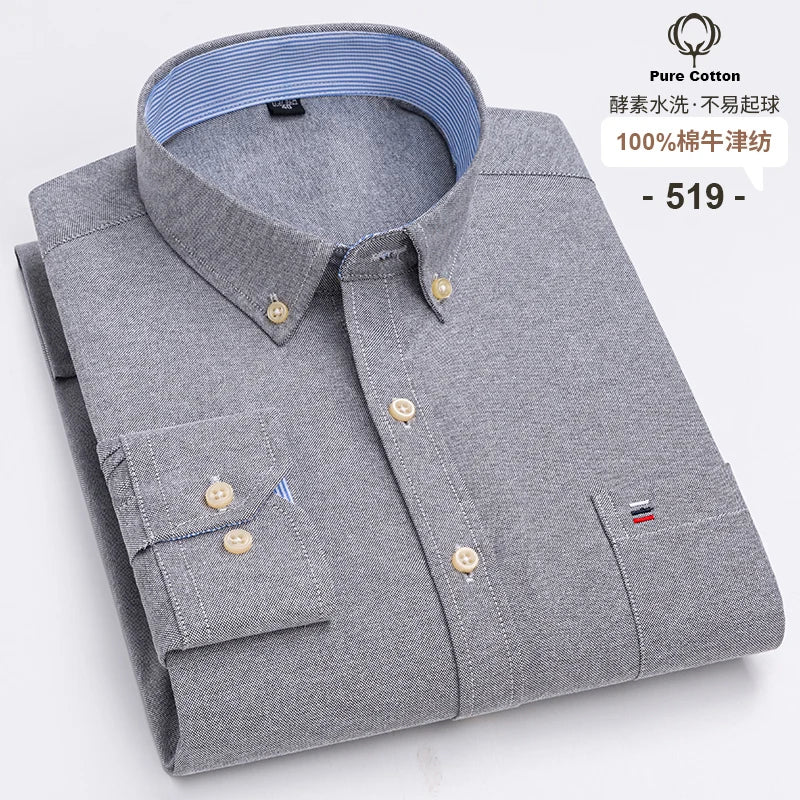 Men's Long Sleeve Plaid Oxford Shirt - 100% Cotton Button-Down