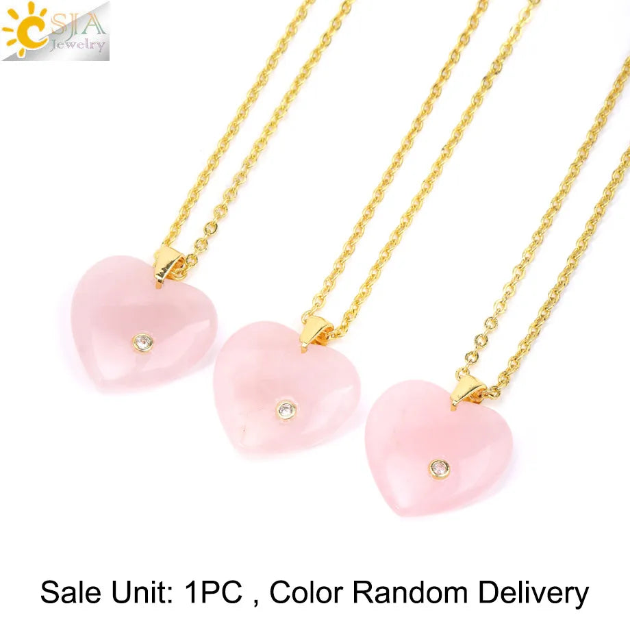 Csja Stainless Steel Heart Pendant Necklace With Natural Stone Amethyst Rose Quartz Crystal For Women DIY Jewelry Makers