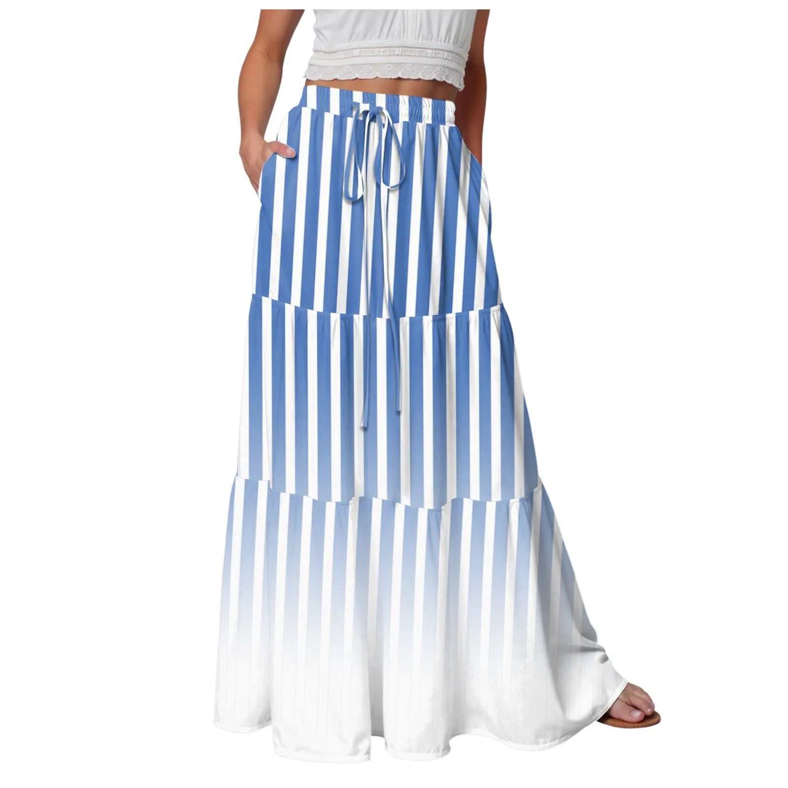 Women's Color Block Pleated Skirt Elastic Waist Floor Length Skirts With Pockets Drawstring Elastic Waist Flowing Maxi Skirt