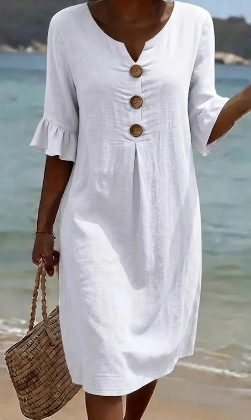 Simple Casual Women's Solid Color Midi Dress V Neck Button 3/4 Sleeve Loose 2026 New Summer Beach Vacation Dresses With Pockets