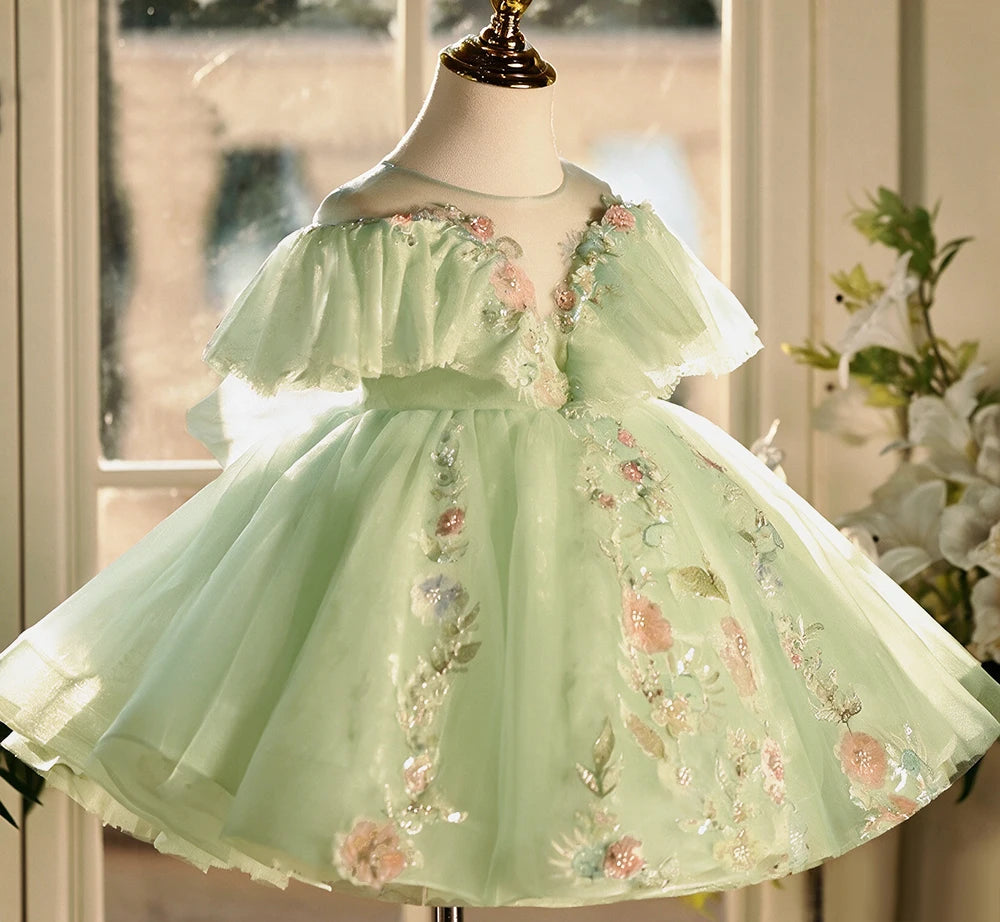 2026 Girls' Sage Light Green Tulle Knee-length Party Dress Floral Embroidered Lace Birthday Princess Ball Gown for 1-14Yr Girls