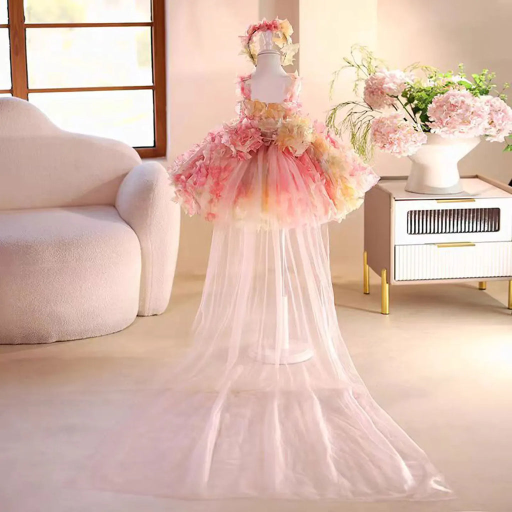 Dreamy Vow Elegant Cute Pearl Embellished Sling Tulle Pink Flower Girl Dress Wedding Holiday Party Knee-Length Ball Gown D084