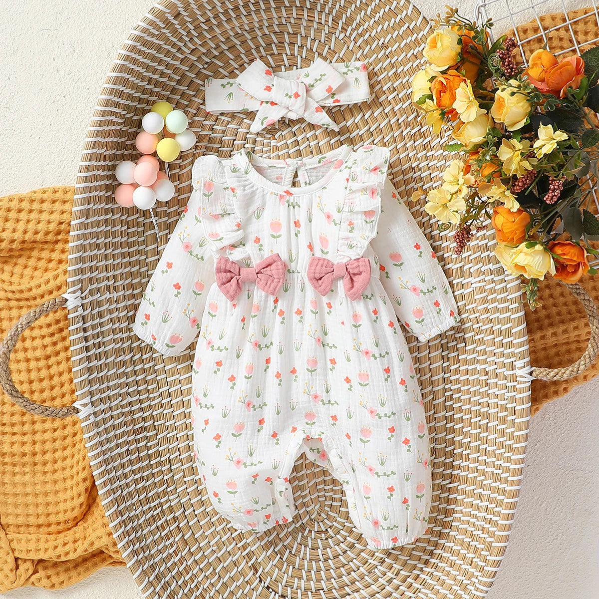 Mono de algodón con lazo para bebé niña, manga larga, conjunto de verano para uso diario