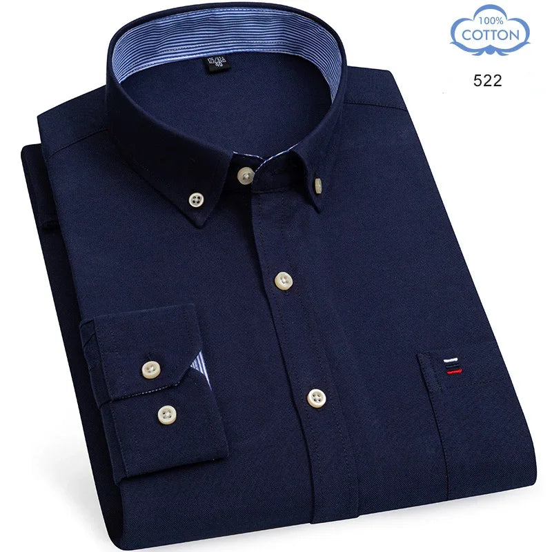 100 Percent Cotton Oxford Shirt For Men Long Sleeve Plaid Pattern Business Office Wear Smart Casual