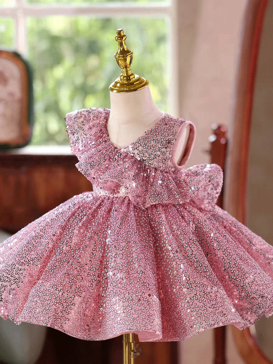 Dreamy Vow D246 Kids Pink Sparkle Flower Girls Dress Ruffle Waist Full Sequin Dress Child Pageant Gown Wedding Birthday Party