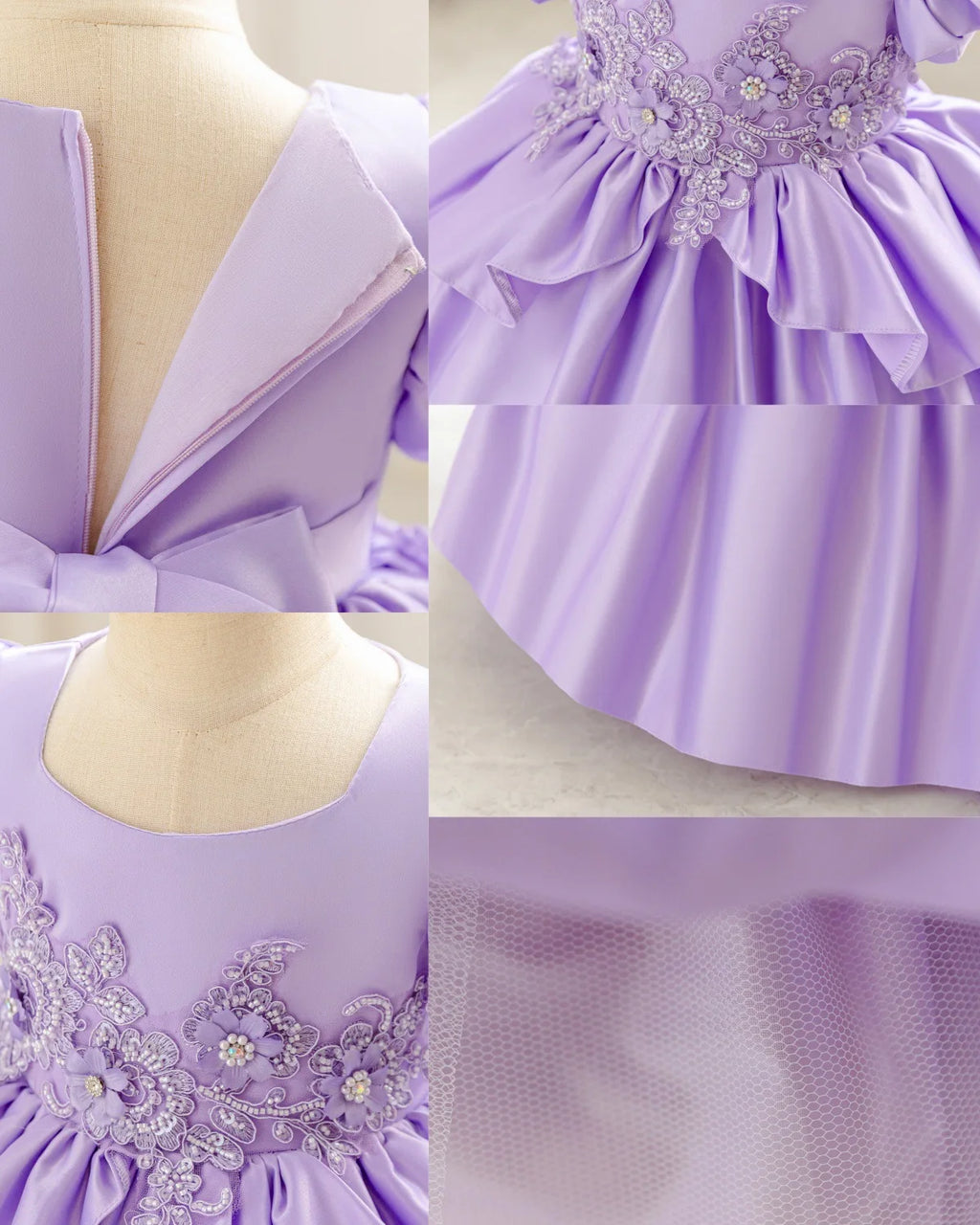HETISO Baby Girls Appliques Flower Solid Satin Princess Fashion Dresses Ball Gown for Party Birthday New Year 6M-4 Years