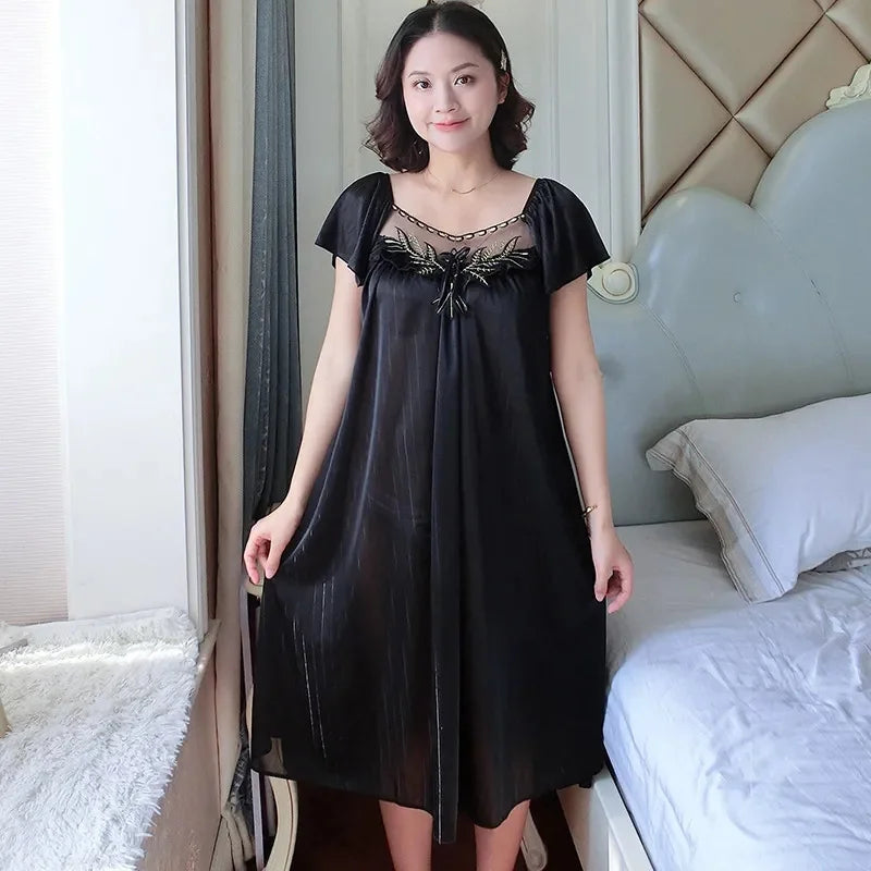 Ladies Ice Silk Nightgowns Sleeping Dress Medium Length Short Sleeve Nightdress Sexy Sleepwear Home Wear Loungewear Pyjama Femme