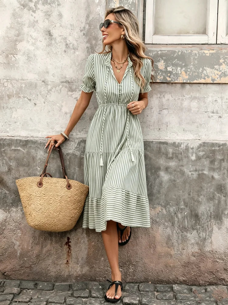 Bohemia Tassel Bandage Striped Summer Dress Women Elegant V-neck Puff Sleeve Elastic Waist Midi Dress Female Holiday Beach Dress