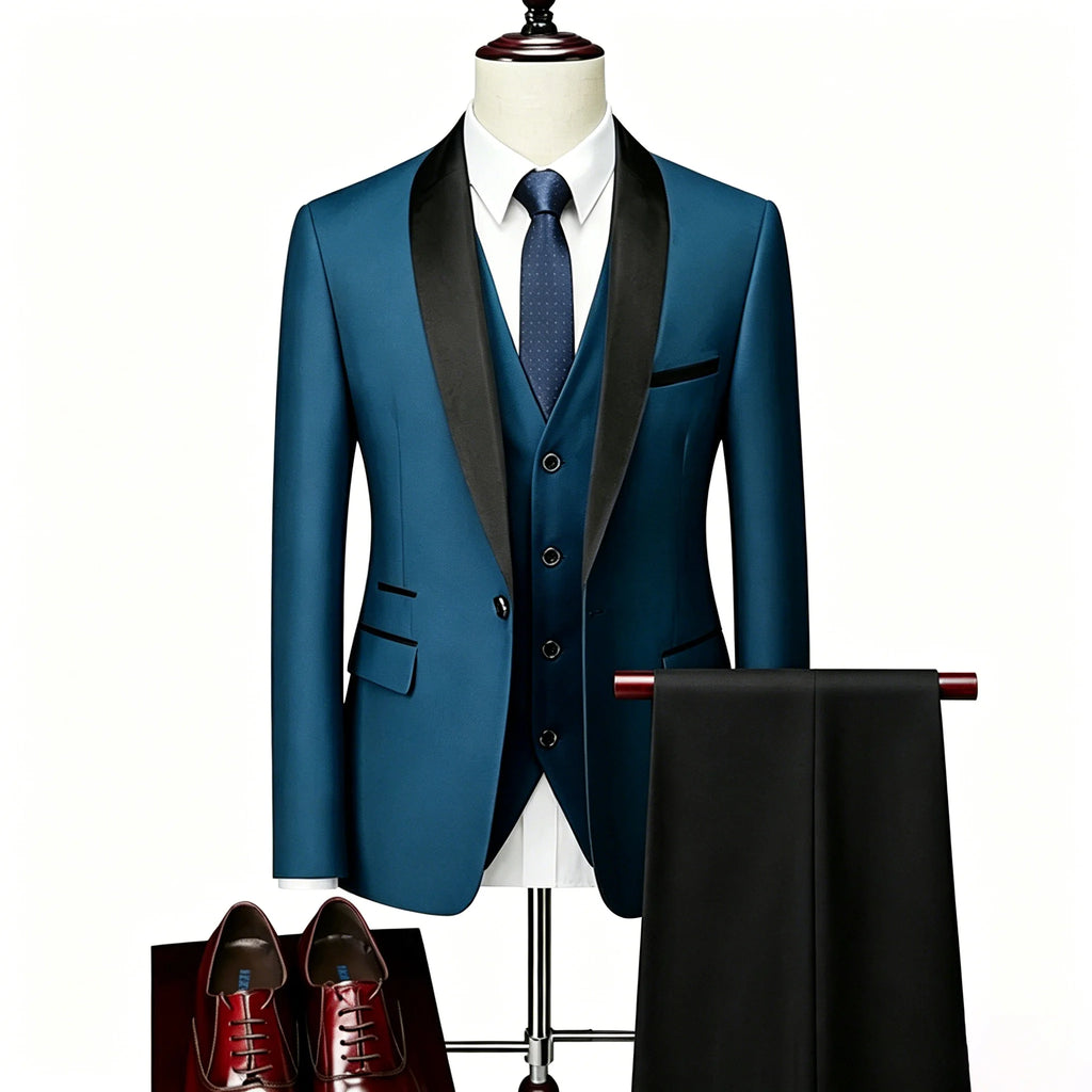 US Size XXS-3XL Men's 3 Piece Tuxedo Suit Set, Black Satin Shawl Lapel Slim Fit Blazer Vest Pants for Wedding Groom Party Prom