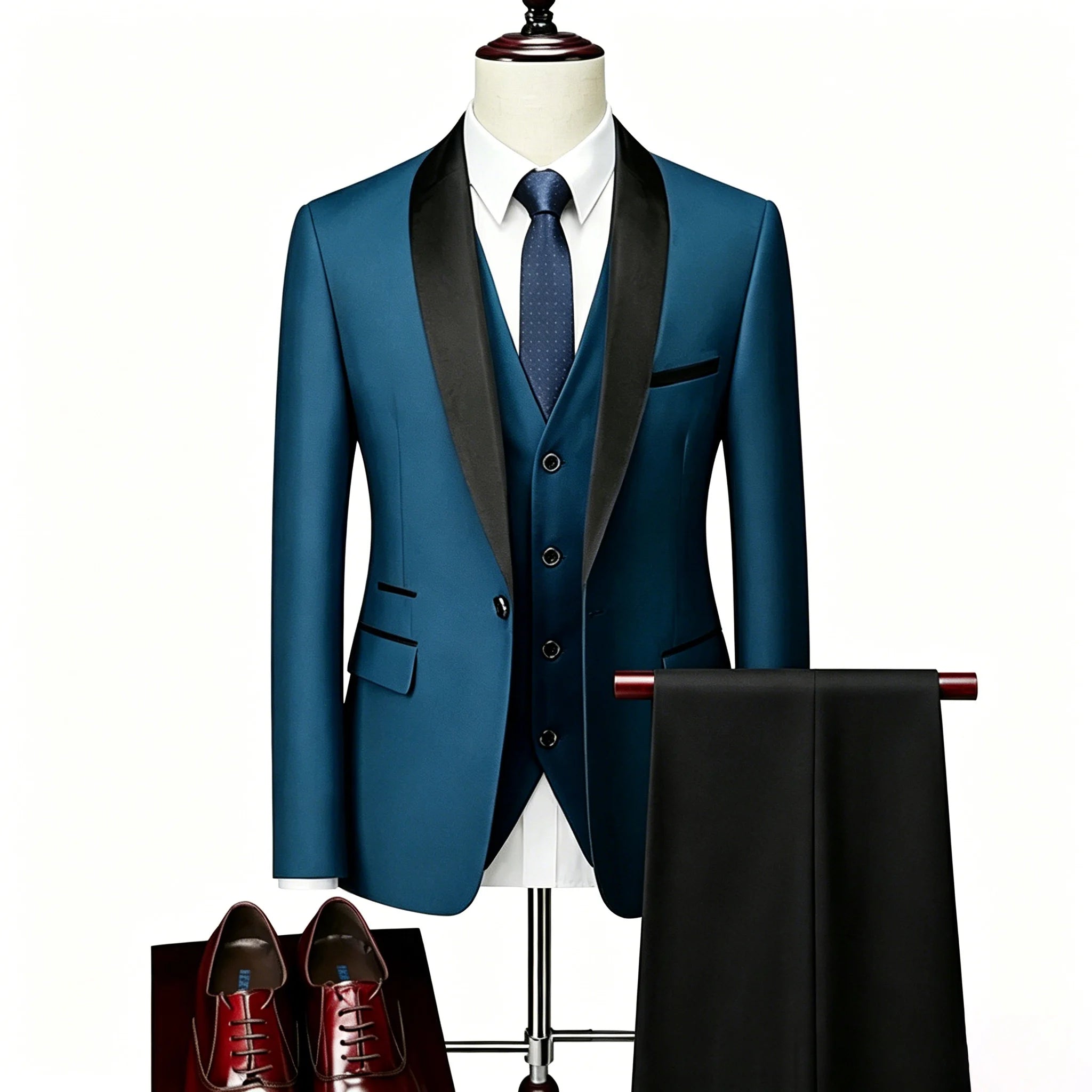 US Size XXS-3XL Men's 3 Piece Tuxedo Suit Set, Black Satin Shawl Lapel Slim Fit Blazer Vest Pants for Wedding Groom Party Prom