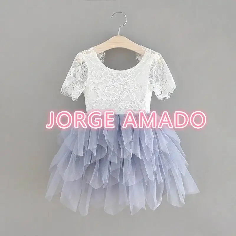 Summer Girl Dress Eyelashes Back Thin Lace Top Flat Skirt Tulle Gauze Princess Dress Children Clothing E15180