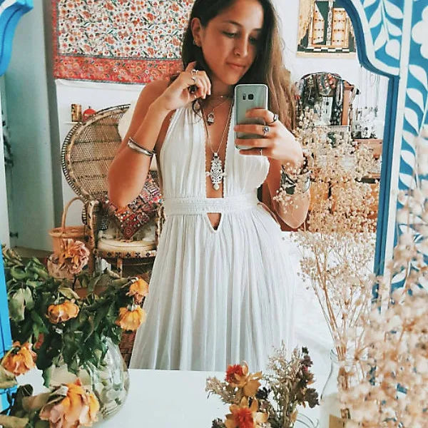 Canwedance Beach Sundress V Neck Backless Sexy Holiday Dress Cotton Maxi Dresses Boho Vestidos Vacation Strapless Dress